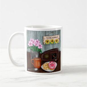 Willkommen, Sonnenblumen, Donuts und Kaffee Kaffeetasse