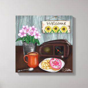 Willkommen, Sonnenblumen, Donuts und Kaffee Leinwanddruck
