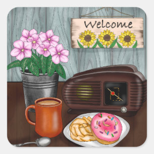 Willkommen, Sonnenblumen, Donuts und Kaffee Quadratischer Aufkleber