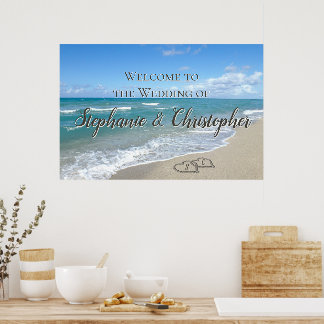 Willkommen Strandhochzeit Herzen im Sand Elegant Poster
