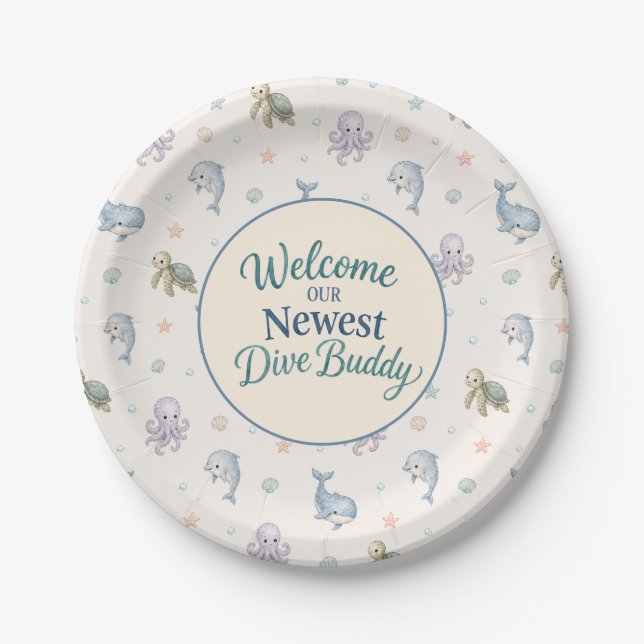Willkommen Tauchbuddy Baby Shower Pappteller (Vorderseite)