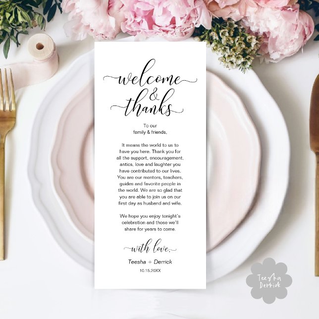 Willkommen und Dank für die Platzierungskarte Programm (Modern Wedding Dinner Brunch Lunch Table Place Setting Thank You Card in Classy Black White)