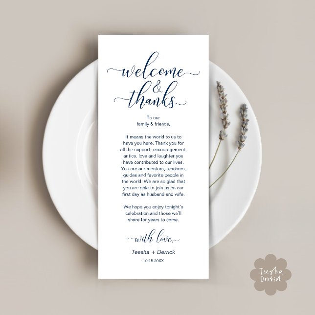 Willkommen und Dank für die Platzierungskarte Programm (Modern Wedding Dinner Brunch Lunch Table Place Setting Thank You Card in Classy Navy Blue)