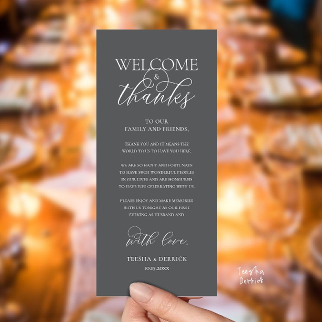 "Willkommen und Danke" Elegante Empfangs-Gästekart Programm ("Welcome and Thanks" Elegant Wedding Reception Guest Thank you Card in Dark Grey)