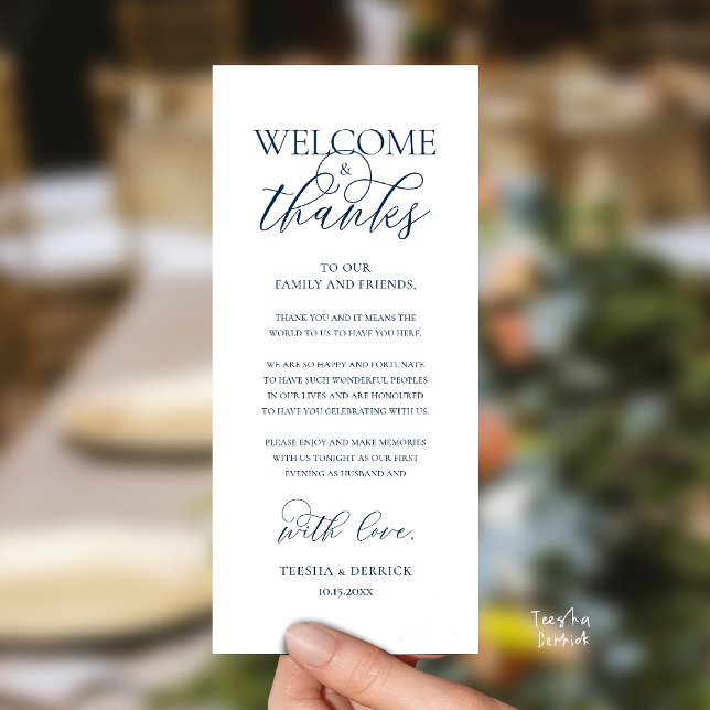 "Willkommen und Danke" Elegante Empfangs-Gästekart Programm ("Welcome and Thanks" Elegant Wedding Reception Guest Thank you Card in Navy Blue)