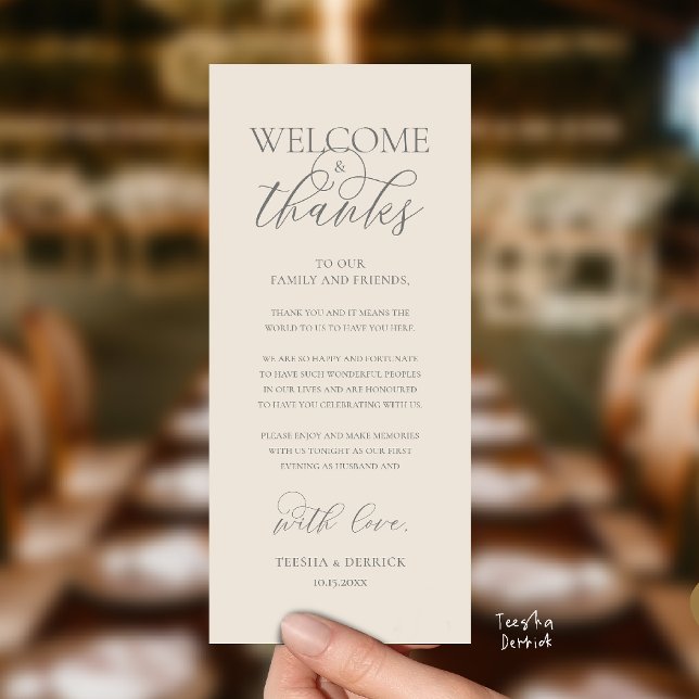 "Willkommen und Danke" Elegante Empfangs-Gästekart Programm ("Welcome and Thanks" Elegant Wedding Reception Guest Thank you Card in Cream Grey)