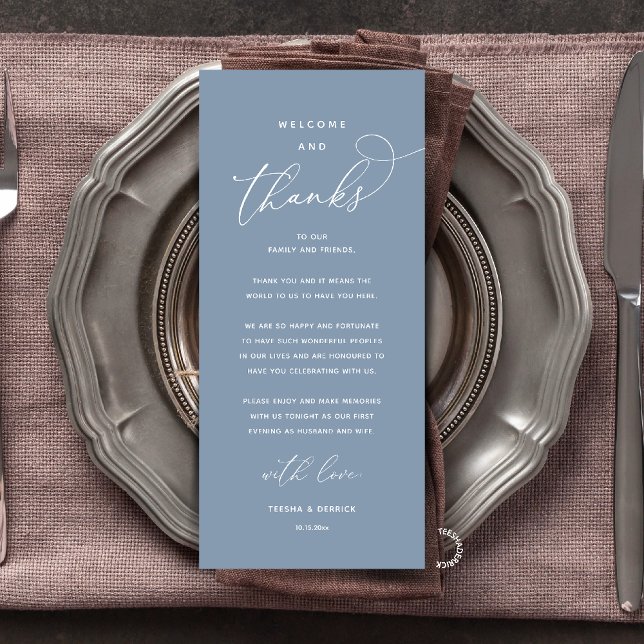 "Willkommen und Danke" Elegante Empfangs-Gästekart Programm (Modern Elegant Wedding Reception "Welcome and Thanks" Table Card for Guest in Dusty Blue)