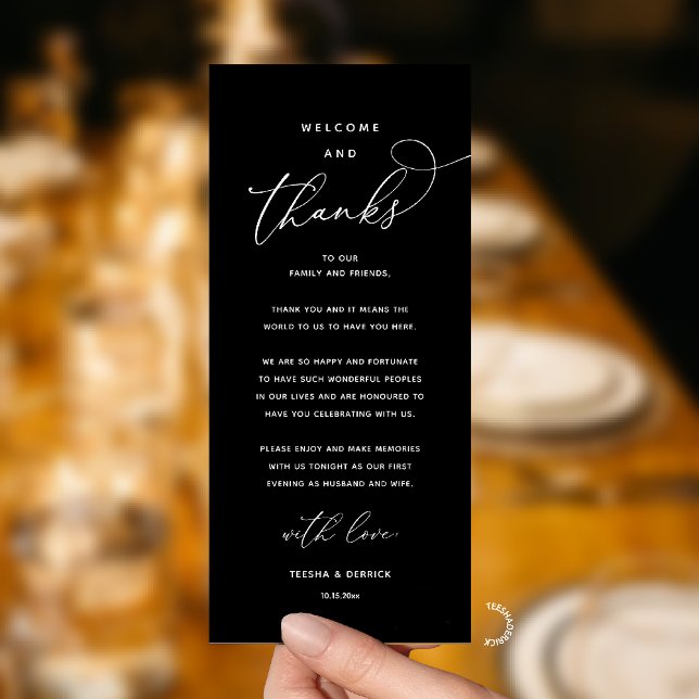 "Willkommen und Danke" Elegante Empfangs-Gästekart Programm (Modern Elegant Wedding Reception "Welcome and Thanks" Table Card for Guest in Black White)