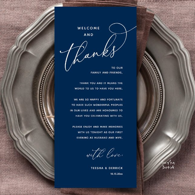Willkommen und Danke, Hochzeitsdinner Dankeskarten Programm (Welcome and Thanks, Happily Ever After Modern Wedding Dinner Thank You Card in Classy Navy Blue)