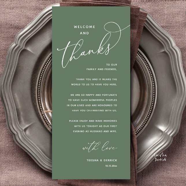 Willkommen und Danke, Hochzeitsdinner Dankeskarten Programm (Welcome and Thanks, Happily Ever After Modern Wedding Dinner Thank You Card in Classy Sage Green)
