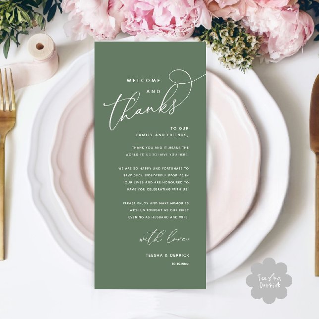 Willkommen und Danke, Hochzeitsdinner Dankeskarten Programm (Welcome n Thanks Wedding Reception Dinner Brunch Lunch Thank You Card in Sage Green)