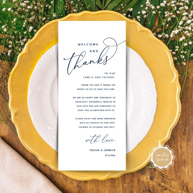 Willkommen und Danke, Hochzeitsdinner Dankeskarten Programm (Welcome n Thanks Wedding Reception Dinner Brunch Lunch Thank You Card in Navy Blue)