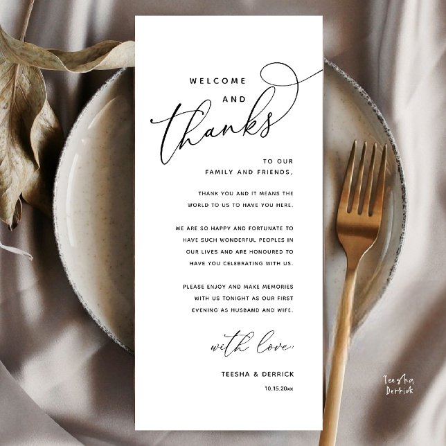 Willkommen und Danke, Hochzeitsdinner Dankeskarten Programm (Welcome n Thanks Wedding Reception Dinner Brunch Lunch Thank You Card in Black White)
