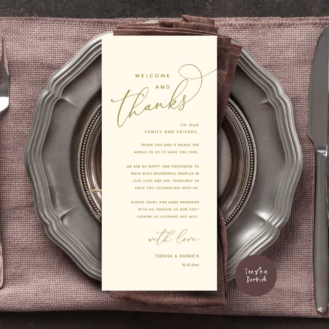Willkommen und Danke, Hochzeitsdinner Dankeskarten Programm (Welcome n Thanks Wedding Reception Dinner Brunch Lunch Thank You Card in Yellow Gold)