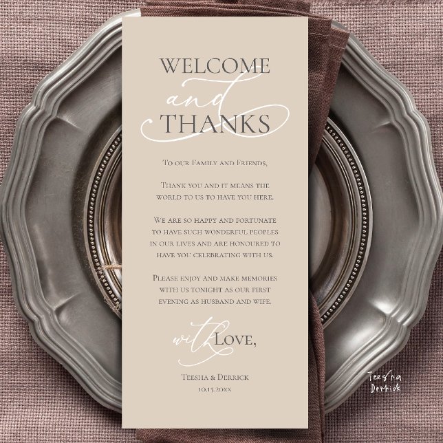 Willkommen und Danke, Hochzeitsdinner Dankeskarten Programm (Welcome and Thanks, Wedding Dinner Thank You Card in Cream Grey)