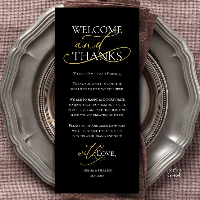 Willkommen und Danke, Hochzeitsdinner Dankeskarten Programm (Welcome and Thanks, Wedding Dinner Thank You Card in Black Gold)