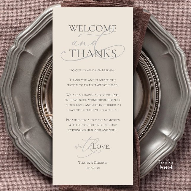 Willkommen und Danke, Hochzeitsdinner Dankeskarten Programm (Welcome and Thanks, Wedding Dinner Thank You Card in Cream Grey)