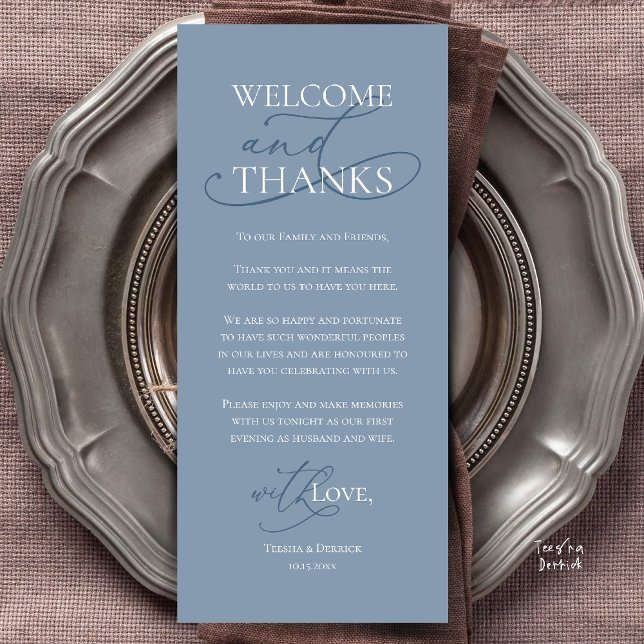 Willkommen und Danke, Hochzeitsdinner Dankeskarten Programm (Welcome and Thanks, Wedding Dinner Thank You Card in Dusty Blue)