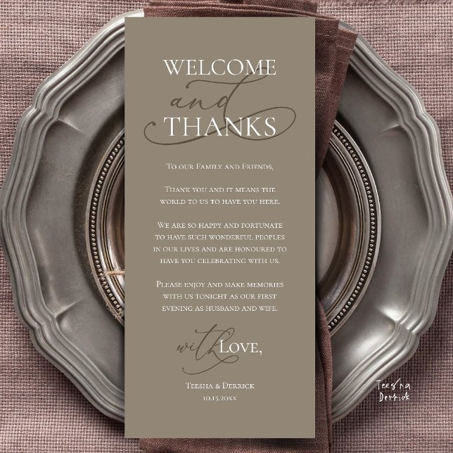 Willkommen und Danke, Hochzeitsdinner Dankeskarten Programm (Welcome and Thanks, Wedding Dinner Thank You Card in Taupe Brown)