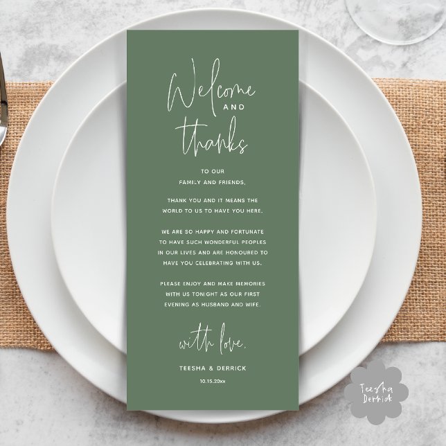 Willkommen und Danke, Hochzeitsdinner Dankeskarten Programm (Welcome and Thanks, Wedding Dinner Thank You Card in Sage Green)