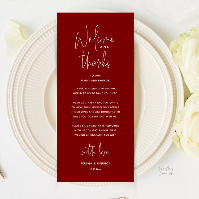 Willkommen und Danke, Hochzeitsdinner Dankeskarten Programm (Welcome and Thanks, Wedding Dinner Thank You Card in Burgundy Wine Deep Red)
