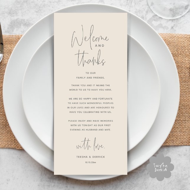 Willkommen und Danke, Hochzeitsdinner Dankeskarten Programm (Welcome and Thanks, Wedding Dinner Thank You Card in Cream Grey)