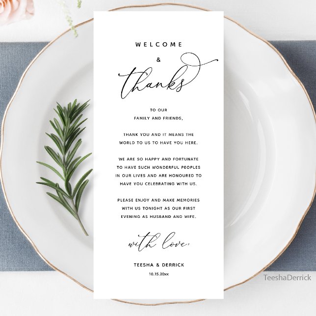 Willkommen und Danke, Hochzeitsdinner Dankeskarten Programm (Welcome and Thanks, Wedding Dinner Thank You Card in black and white)