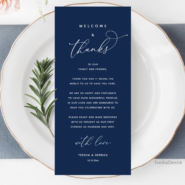 Willkommen und Danke, Hochzeitsdinner Dankeskarten Programm (Welcome and Thanks, Wedding Dinner Thank You Card in Navy Blue)