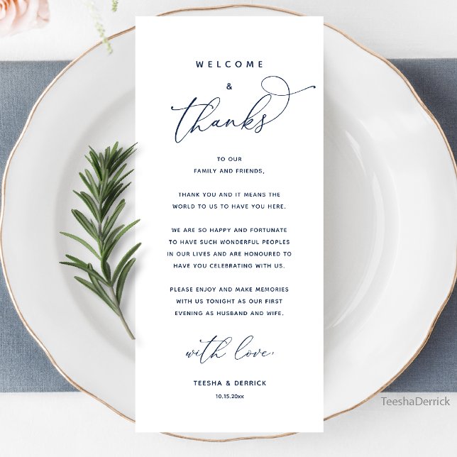 Willkommen und Danke, Hochzeitsdinner Dankeskarten Programm (Welcome and Thanks, Wedding Dinner Thank You Card in Navy Blue)