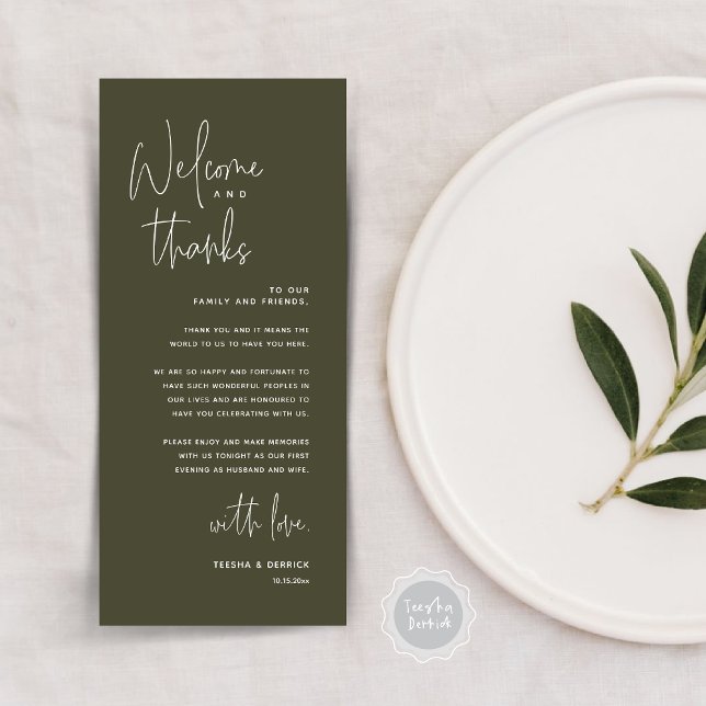 Willkommen und Danke, Platzierung Einstellungen Da Programm (Welcome and Thanks, Dinner Place Setting Thank You Card, Modern Romantic, in Olive Green)