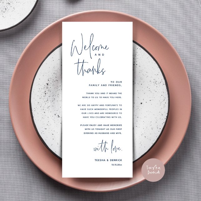 Willkommen und Danke, Platzierung Einstellungen Da Programm (Welcome and Thanks, Dinner Place Setting Thank You Card, Modern Romantic, in Navy Blue)