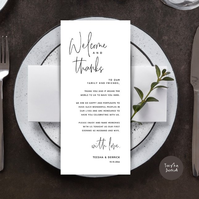 Willkommen und Danke, Platzierung Einstellungen Da Programm (Welcome and Thanks, Dinner Place Setting Thank You Card, Modern Romantic, in Black and White)