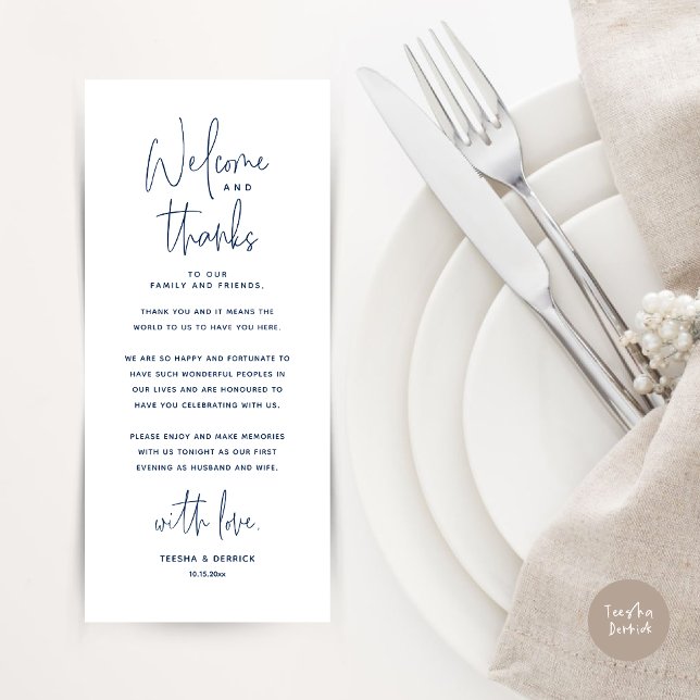 Willkommen und Danke, Platzierung Einstellungen Da Programm (Wedding Dinner Place Setting Thank You Card, Modern Minimalist, in Navy Blue)