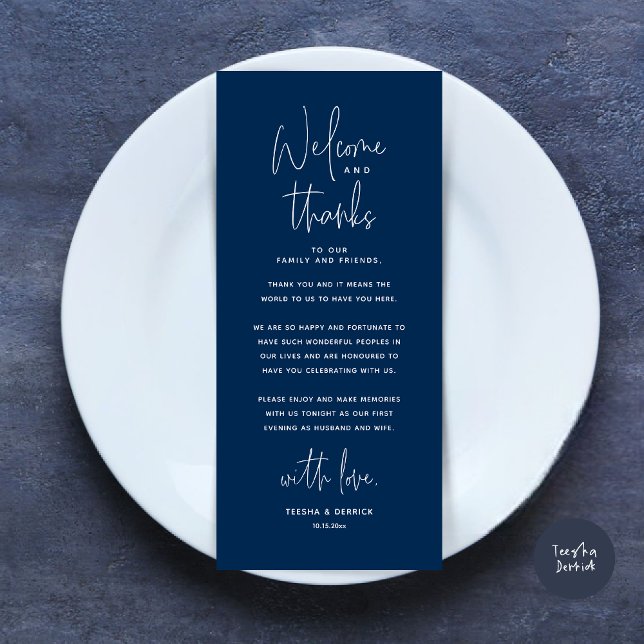 Willkommen und Danke, Platzierung Einstellungen Da Programm (Wedding Dinner Place Setting Thank You Card, Modern Minimalist, in Navy Blue)