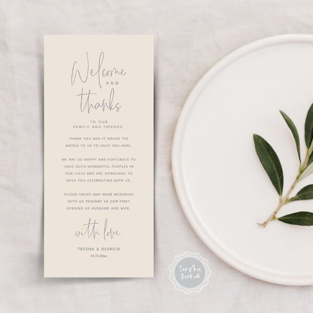 Willkommen und Danke, Platzierung Einstellungen Da Programm (Wedding Dinner Place Setting Thank You Card, Modern Minimalist, in Grey and Cream)
