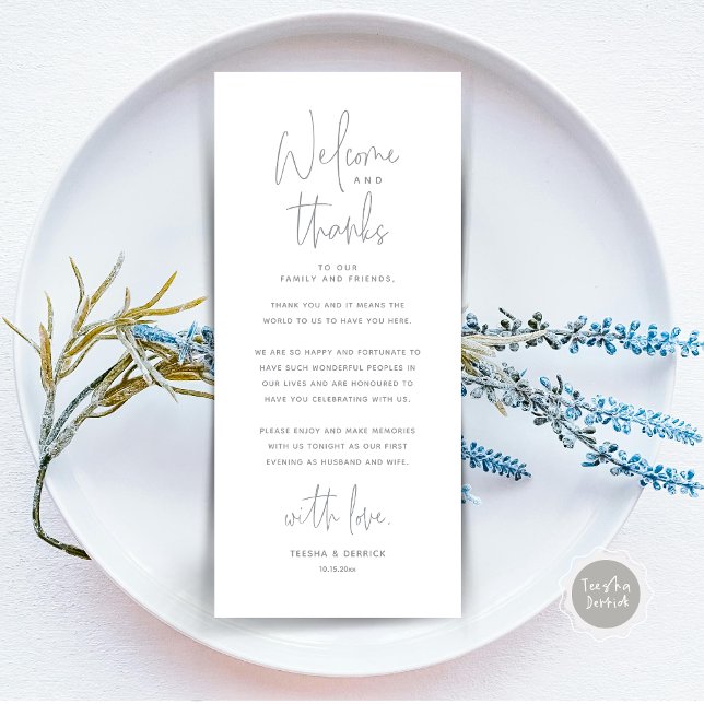 Willkommen und Danke, Platzierung Einstellungen Da Programm (Wedding Dinner Place Setting Thank You Card, Welcome and Thanks, Modern Minimalist, in Grey)