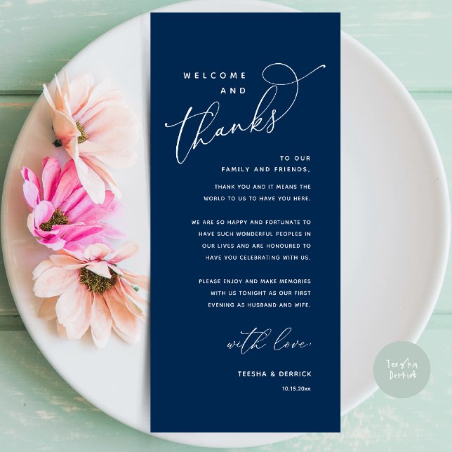 Willkommen und Danke, Platzierung Einstellungen Da Programm (Welcome and Thanks, Wedding Dinner Place Setting Thank You Card in Classy navy Blue)