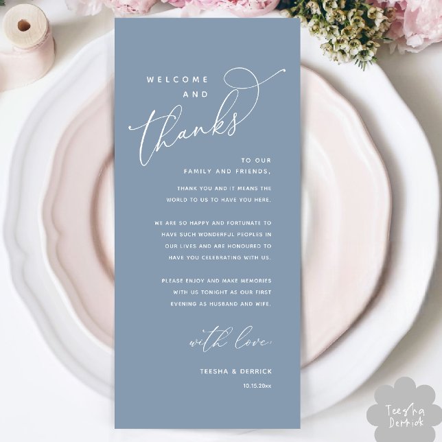 Willkommen und Danke, Platzierung Einstellungen Da Programm (Welcome and Thanks, Wedding Dinner Place Setting Thank You Card in Classy Dusty Blue)