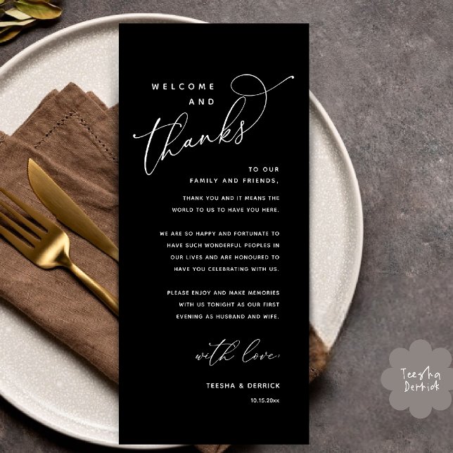 Willkommen und Danke, Platzierung Einstellungen Da Programm (Welcome and Thanks, Wedding Dinner Place Setting Thank You Card in Classy Black White)