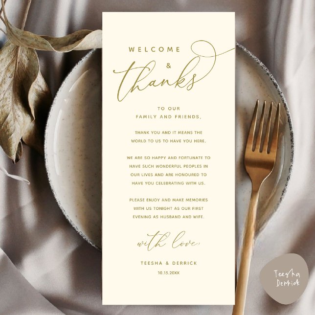 Willkommen und Danke, Platzierung Einstellungen Da Programm (Welcome and Thanks, Wedding Dinner Place Setting Thank You Card in Yellow Gold)