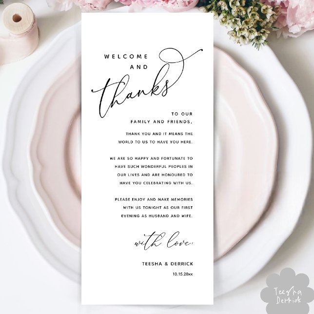 Willkommen und Danke, Platzierung Einstellungen Da Programm (Welcome and Thanks, Wedding Dinner Place Setting Thank You Card in Black White)