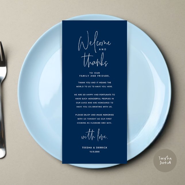 Willkommen und Danke, Platzierung Einstellungen Da Programm (Welcome and Thanks, Modern Dinner Place Setting Thank You Card, in Navy Blue)