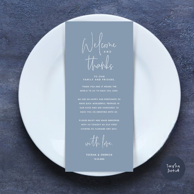 Willkommen und Danke, Platzierung Einstellungen Da Programm (Welcome and Thanks, Modern Dinner Place Setting Thank You Card, in Dusty Blue)
