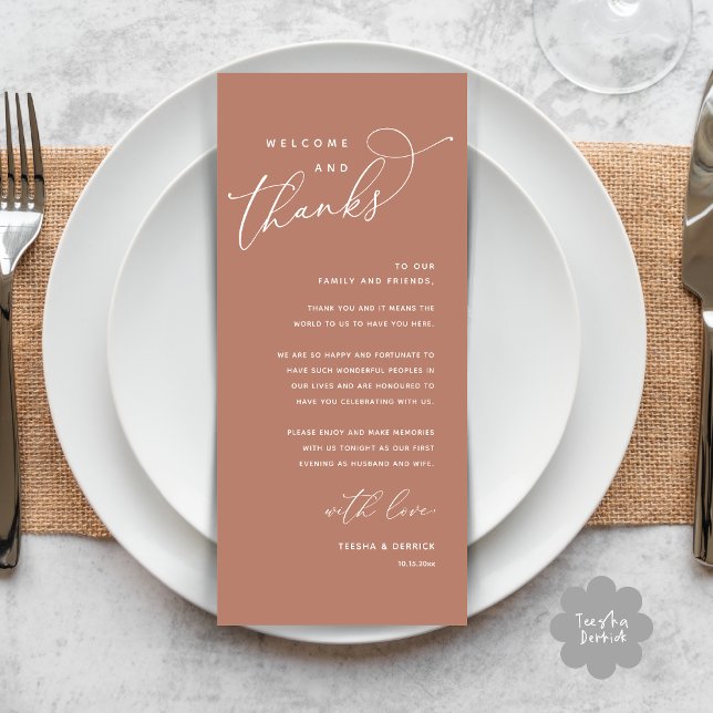 Willkommen und Danke, Platzierung Einstellungen Da Programm (Welcome and Thanks, Modern Wedding Dinner Brunch Lunch Place Setting Thank You Card in Earthy Brown)