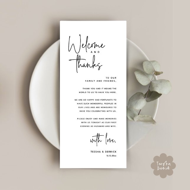Willkommen und Danke, Platzierung Einstellungen Da Programm (Welcome and Thanks, Modern Wedding Dinner Brunch Lunch Place Setting Thank You Card in White Black)