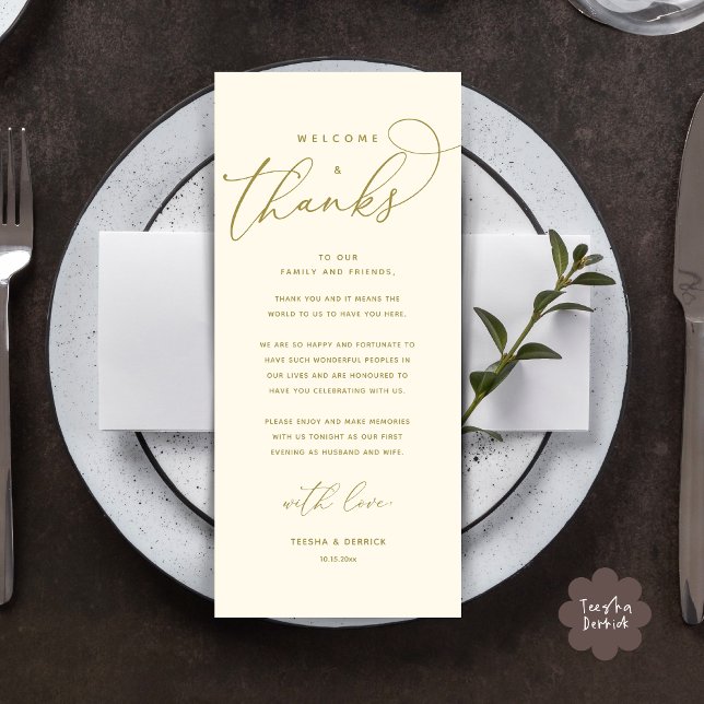 Willkommen und Danke, Platzierung Einstellungen Da Programm (Welcome and Thanks, Modern Wedding Dinner Brunch Lunch Place Setting Thank You Card in Yellow Gold)