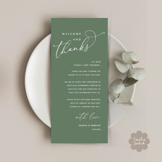 Willkommen und Danke, Platzierung Einstellungen Da Programm (Welcome and Thanks, Modern Wedding Dinner Brunch Lunch Place Setting Thank You Card in Sage Green)