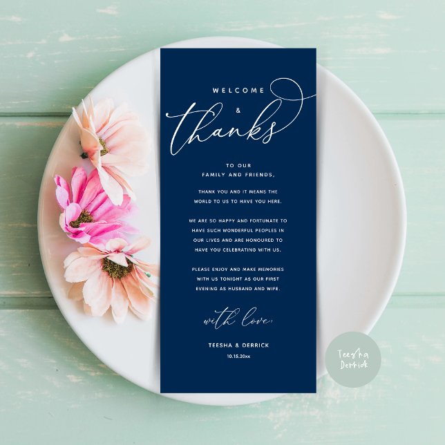 Willkommen und Danke, Platzierung Einstellungen Da Programm (Welcome and Thanks, Modern Wedding Dinner Brunch Lunch Place Setting Thank You Card in Navy Blue)