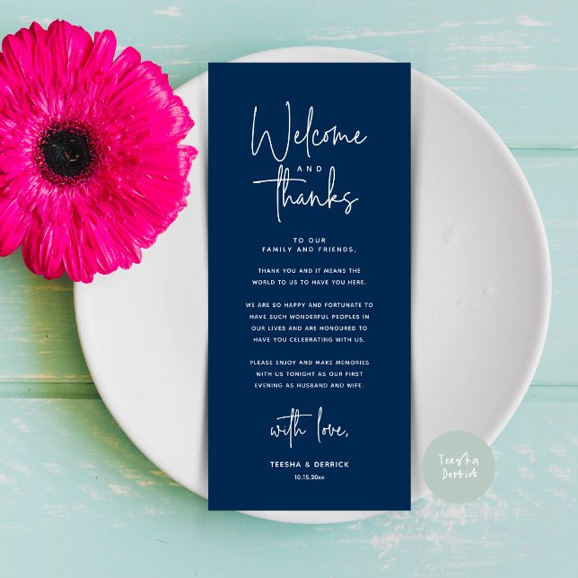 Willkommen und Danke, Platzierung Einstellungen Da Programm (Welcome and Thanks, Modern Wedding Dinner Brunch Lunch Place Setting Thank You Card in Navy Blue)