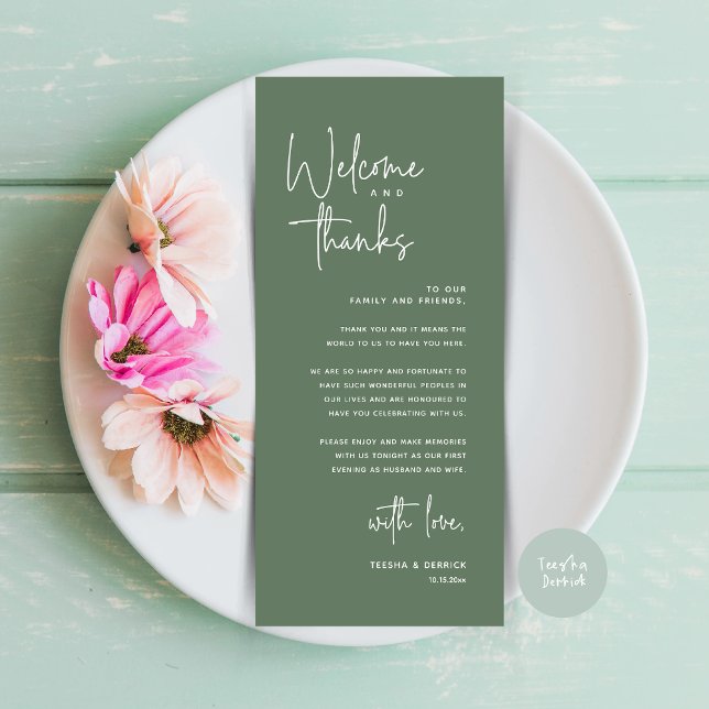 Willkommen und Danke, Platzierung Einstellungen Da Programm (Welcome and Thanks, Modern Wedding Dinner Brunch Lunch Place Setting Thank You Card in Sage Green)